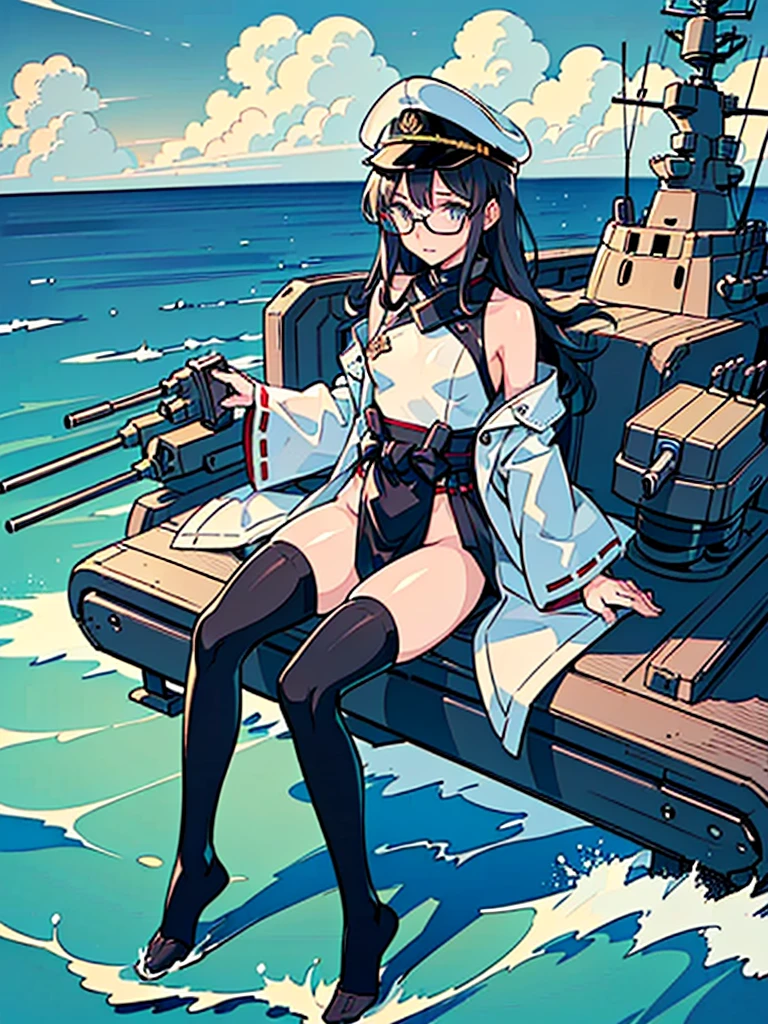 ((((Full body of a woman with perfect flat chest、Short, unkempt black hair、white military jacket、Miko costume、tights、Black glasses、White military cap、Cloudy eyes、Sleepy expression)))), (((masterpiece))), (((Shipgirl))), (Another woman hugging、Long purple hair、Messy Hair、Big Breastiko costume), ((Floating on the morning sea with both feet)), (Spread your legs wide open), (Holding a searchlight in the right hand), (Mechanical arms extending from the waist are used to equip the ship with battleship equipment.), (Equipped with a turret on the back), (Holds the turret with his left arm), Torpedo tubes on thighs, Spreading the Machine's Wings, Machine tail, shotgun,