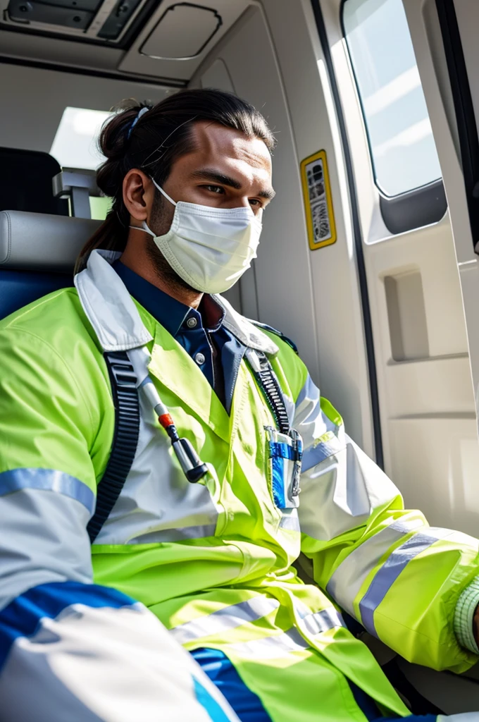 Paramedic man with long hair tied in a bun wearing white mask, dressed in a fluorescent-colored jacket and pants, he is sitting in the back of an ambulance with a stretcher next to him animated version