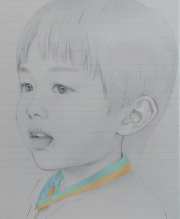 A picture of a boy with a medal around his neck, Colored pencil sketch, 3 / 4 ViewsPortrait, Children&#39;s drawings, Inspired by Huang Gongwang, Colored pencil sketch, by Yasutomo Oka, Inspired by Yonghao Han, Children&#39;s drawingsに基づいて, inspired by Matsumura Goshun, Detailed face of asian boy, Crayon on paper