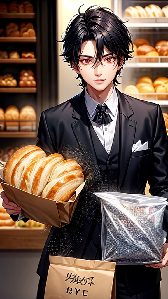 A man wearing black tuxedo, with red eyes and black hair,wearing a necklace, wearing a earrings,in bakery,or bread store,only him ((detail accessories))((detail face))((detail eyes))2d realistic anime