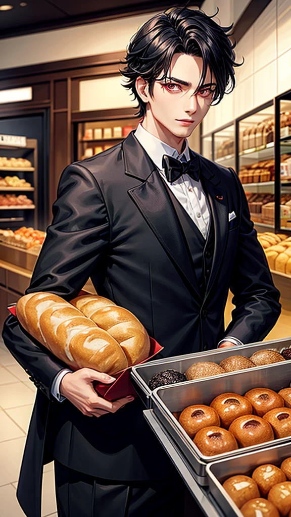 A man wearing black tuxedo, with red eyes and black hair,wearing a necklace, wearing a earrings,in bakery,or bread store,only him ((detail accessories))((detail face))((detail eyes))2d realistic anime