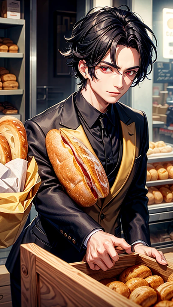 A man wearing black tuxedo, with red eyes and black hair,wearing a necklace, wearing a earrings,in bakery,or bread store,only him ((detail accessories))((detail face))((detail eyes))2d realistic anime