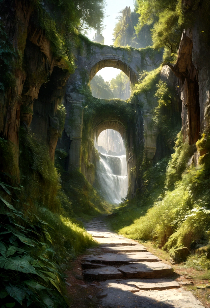 a fantasy landscape in the style of Tolkien, lush rolling hills, dense forests, winding rivers, ancient castle ruins, sunlight filtering through the trees, (best quality,4k,8k,highres,masterpiece:1.2),ultra-detailed,(realistic,photorealistic,photo-realistic:1.37),traditional oil painting, cinematic lighting, vibrant colors, dramatic shadows, intricate details