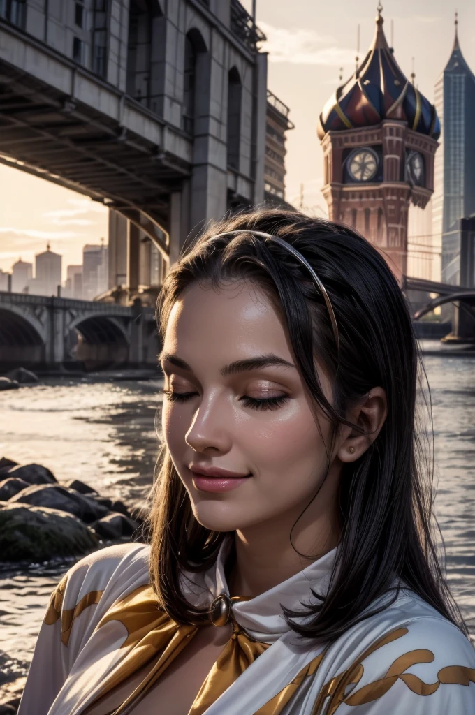 masterpiece, best quality, extremely detailed, hyperrealistic:1.1, photorealistic, a beautiful 20s russian model, ultra detailed face:1.1, sunglasses on head:1.1, purple mock neck t-shirt:1.2, black hair, x-arms:1.3, eye closed:1.3, city, river, in the sunset, warm smile, dynamic angle
