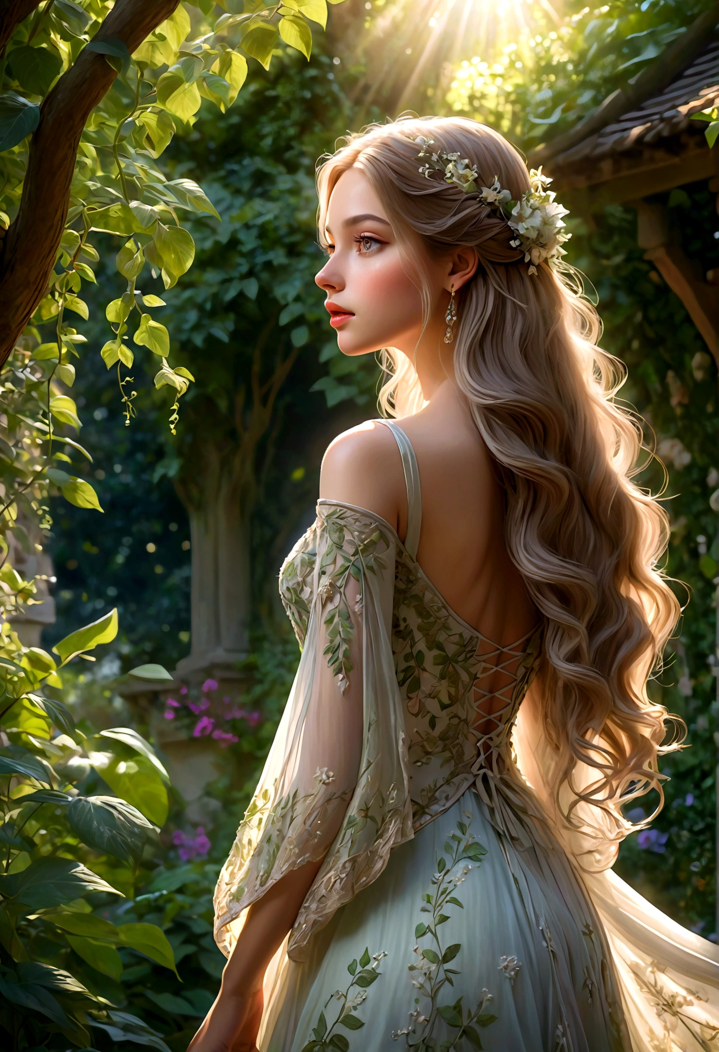 1girl, A woman in a garden, Back View, long flowing hair, delicate shoulders, intricate dress, sunlight filtering through trees, lush greenery, dreamy atmosphere, beautiful detailed face, beautiful detailed eyes, beautiful detailed lips, extremely detailed rendering, vivid colors, dramatic lighting, cinematic composition, fantasy art style, masterpiece, best quality, very aesthetic, absurdres
