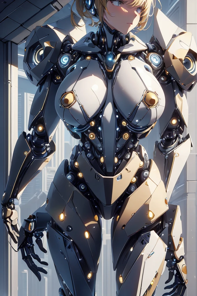 masterpiece , best quality , 1 girl , (biological exoskeleton:1.4) , solo , (covered nipples:0.9) , (gigantic tits:1.2) ,(thick arm:1.1) , thick thigh , gigantic hip , short hair , (gold hair:1.2) , robot joint , robot shoulder , robot legs , wedged into sci-fi machinery , folded in sci-fi machinery , small sci-fi cockpit , surrounded by sci-fi machinery , cable attached to the whole body ,