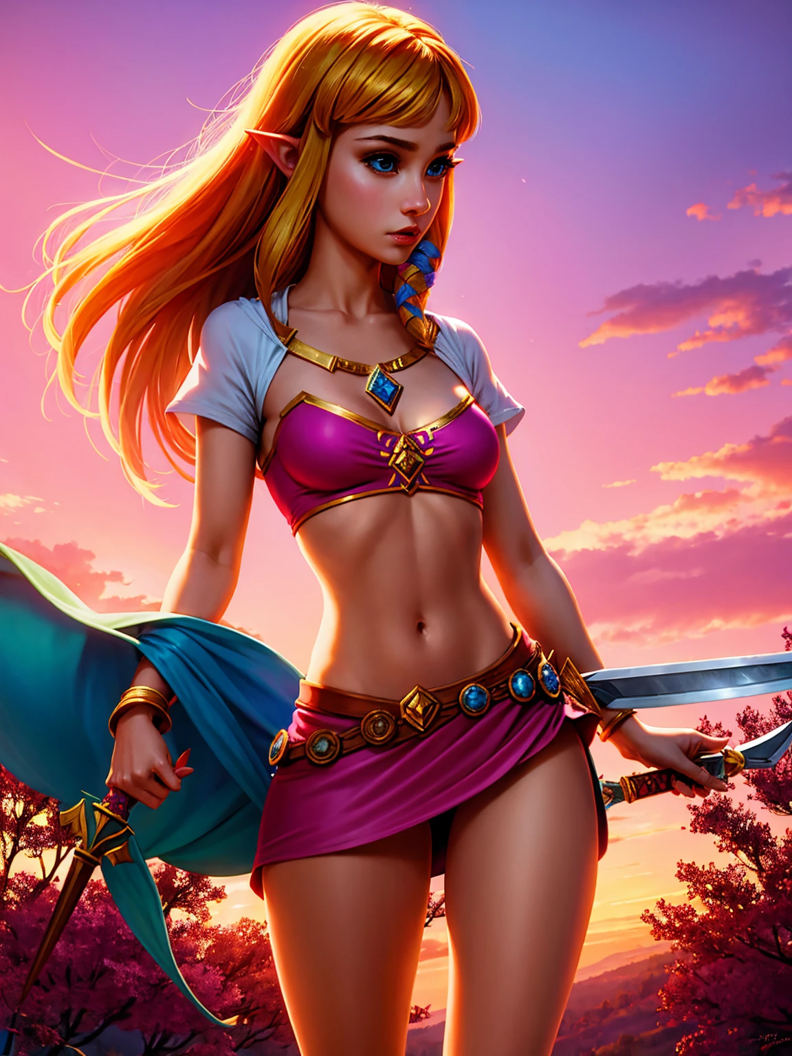 Young sexy princess zelda, skyward sword, detailed face and body, 18 years old, short, toned figure, small breasts, medieval magician outfit, underboob, short skirt, horny, wielding straight sword, background of pink mushroom forest, celestial forest, pastel colors, pink sky