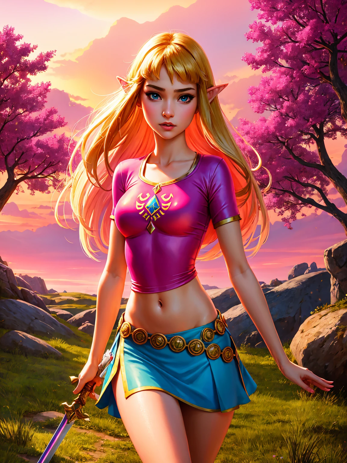 Young sexy princess zelda, skyward sword, detailed face and body, 18 years old, short, toned figure, small breasts, medieval magician outfit, underboob, short skirt, horny, wielding straight sword, background of pink mushroom forest, celestial forest, pastel colors, pink sky