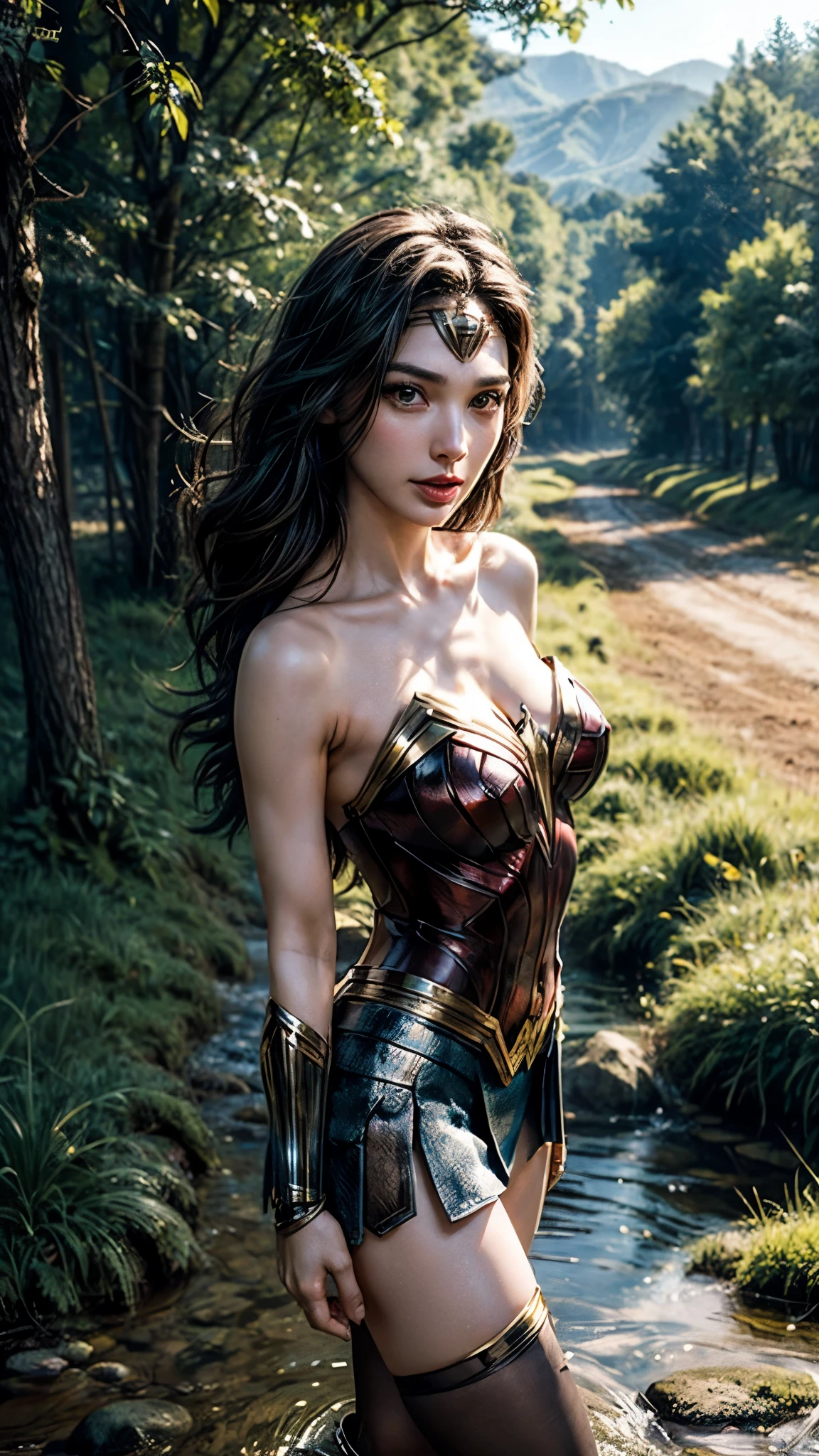 Gal Gadot, She breast size is M cup, full body, she very sexy, she have perfect body, she so beautifully,She have good eyes,She is full of charm, her poses are beautiful, close up,(((Woder Woman outfit))), Wonder Woman
from DC Comics,8k,correct face,beautiful face,A beautiful sight,sparkling eyes,((Half body photograph)), ((close up)) (portrait)) bust,In the middle of nature,The sun shines,green field,mountain,forest,stream
