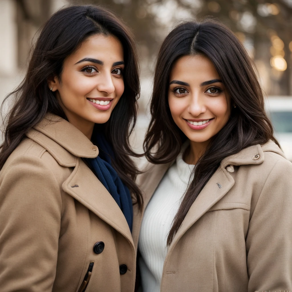 one cute women, 32YO, Arab, Jordanian, cute face, realistic light brown eyes, blue jacket, black hair, cute smile, skinny face, white realistic teethes, big eyes, long hair, no hands