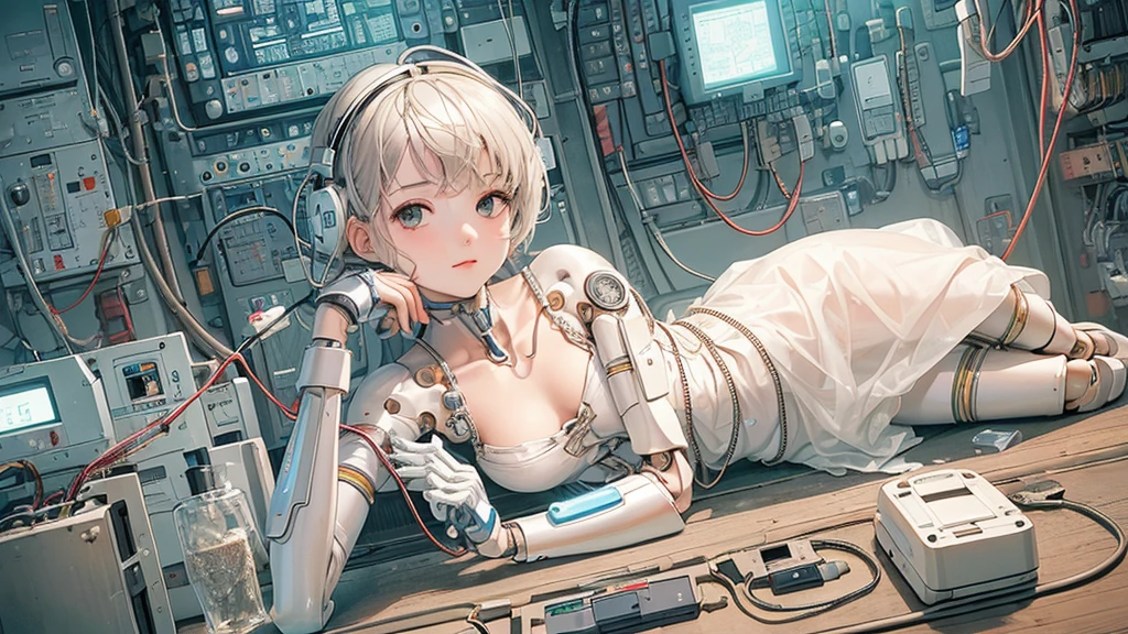 (((masterpiece))), (((highest quality))), ((Very detailed)), (Highly detailed CG illustrations), ((Very delicate and beautiful)),(Cute and delicate face),Light,((1. Machine Girl)),alone,whole body,(Machine made joints:1.4),((Mechanical Limbs)),(Muscles swell),(The vessel is connected to the tube),(Brain in a container:1.3),((Mechanical vertebrae attached to the back)),((Mechanical cervical spine attached to the neck)),((Sitting)),poker face,(Wires and cables attached to head and body:1.5),Small breasts,short hair,(Character Focus),sf,Lying down,Forehead out