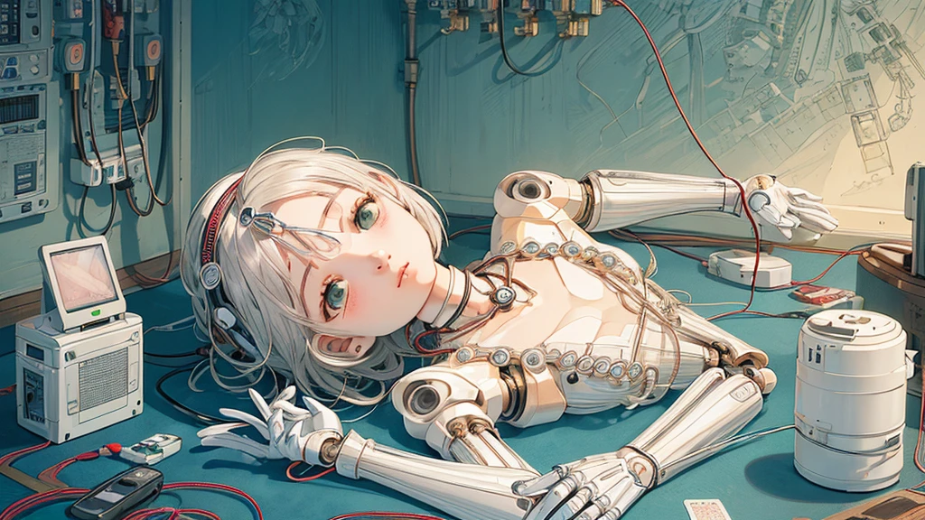 (((masterpiece))), (((highest quality))), ((Very detailed)), (Highly detailed CG illustrations), ((Very delicate and beautiful)),(Cute and delicate face),Light,((1. Machine Girl)),alone,whole body,(Machine made joints:1.4),((Mechanical Limbs)),(Muscles swell),(The vessel is connected to the tube),(Brain in a container:1.3),((Mechanical vertebrae attached to the back)),((Mechanical cervical spine attached to the neck)),((Sitting)),poker face,(Wires and cables attached to head and body:1.5),Small breasts,short hair,(Character Focus),sf,Lying down,Forehead out