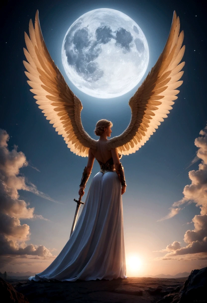 a model shot (taken from the rear: 1.5), 16K, ultra detailed, masterpiece, best quality, (extremely detailed), arafed, dnd art, portrait, full body, aasimar, female, (Masterpiece 1.3, intense details), female, paladin, holy warrior, spread large feathered wings, (wings sprouting from the back: 1.3), majestic wings, white angelic wings spread (Masterpiece, intense details: 1.5), moon light, moon, stars, clouds, holy symbol, armed with sword, short blond hair, dark fantasy cemetery background, anatomically correct (Masterpiece 1.3, intense details), angel_wings, determined face, god rays, cinematic lighting, glowing light, silhouette, from outside, photorealism, panoramic view (Masterpiece 1.3, intense details) , Wide-Angle, Ultra-Wide Angle, 16k, highres, best quality, high details, armored dress