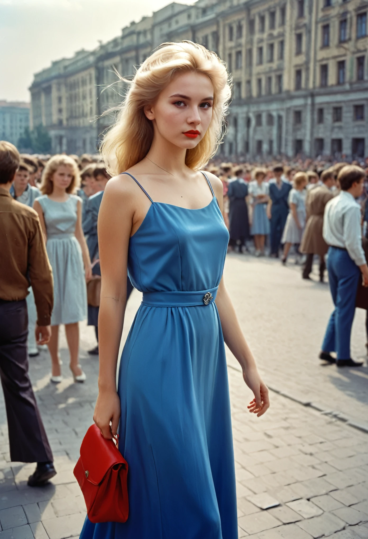 Photo of a beautiful girl 20 years old, university student in the USSR, 1980s, blonde. long, Closed, Blue dress. Photo taken in the city, From afar, to the streets, against the background of the crowd. There is a red hairpin in the girl&#39;s hair. The girl does not look into the frame. Full length girl. Brown bag in hand