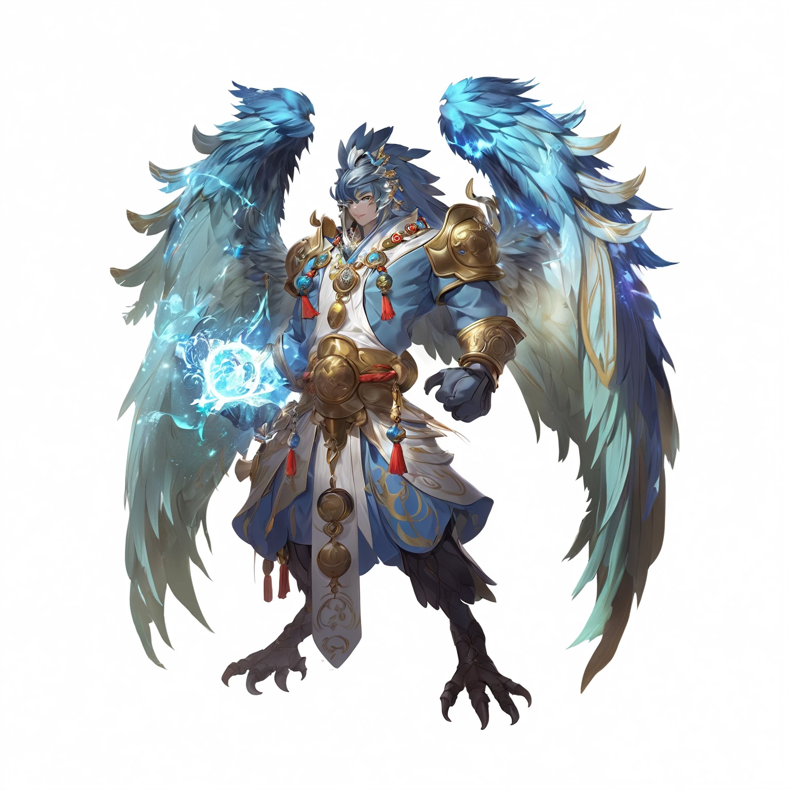 Cartoon character with wings and sword on white background, Onmyoji Detailed Art, Artificial Intelligence Art God King, 2. 5D CGI anime fantasy artwork, ( ( Artificial Intelligence Art God King ) ), A complete portrait of an elementalist, Duelist Style, Highly detailed official artwork, Keqing from genshin impact, Genshin Impact Characters, author:Yang Jie