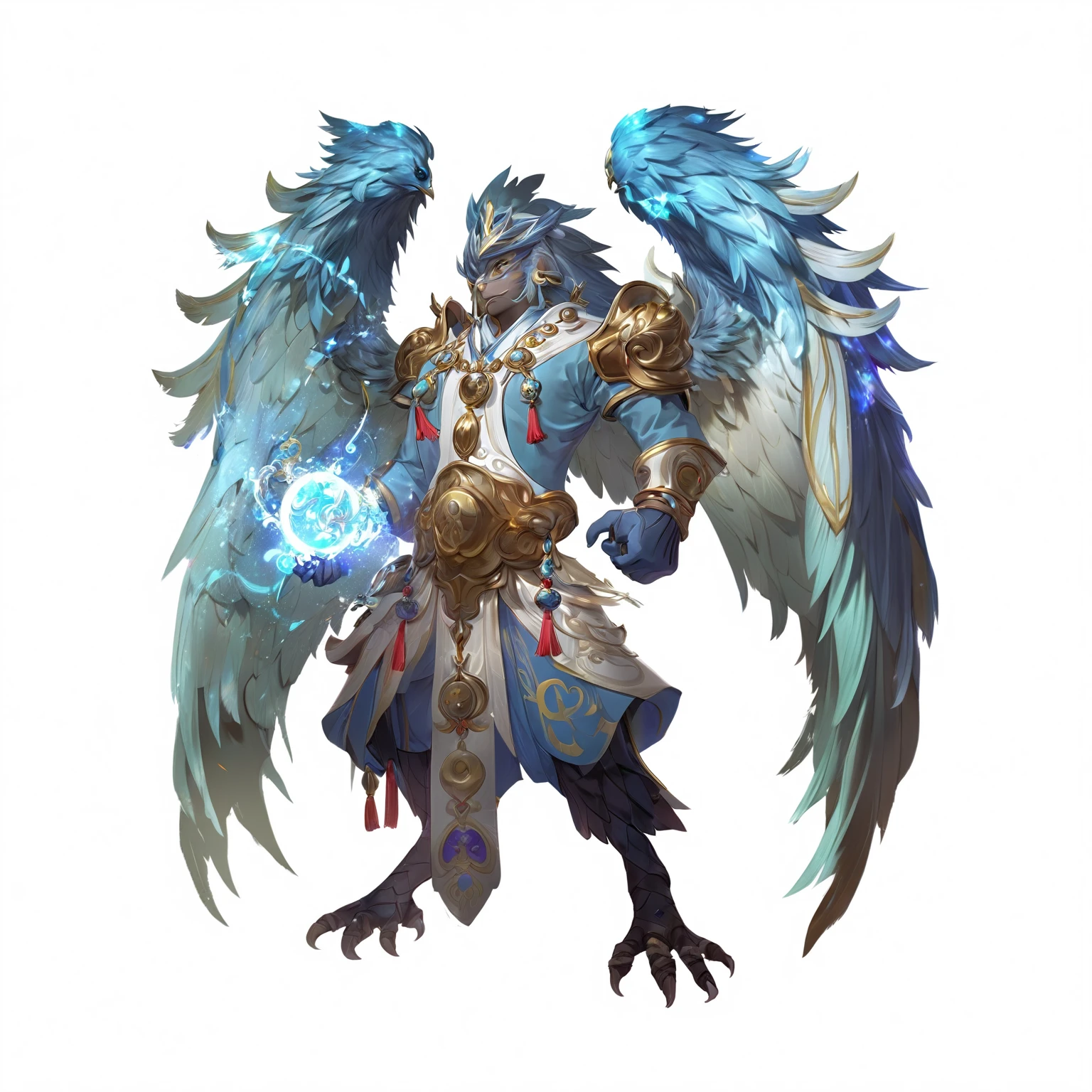Cartoon character with wings and sword on white background, Onmyoji Detailed Art, Artificial Intelligence Art God King, 2. 5D CGI anime fantasy artwork, ( ( Artificial Intelligence Art God King ) ), A complete portrait of an elementalist, Duelist Style, Highly detailed official artwork, Keqing from genshin impact, Genshin Impact Characters, author:Yang Jie