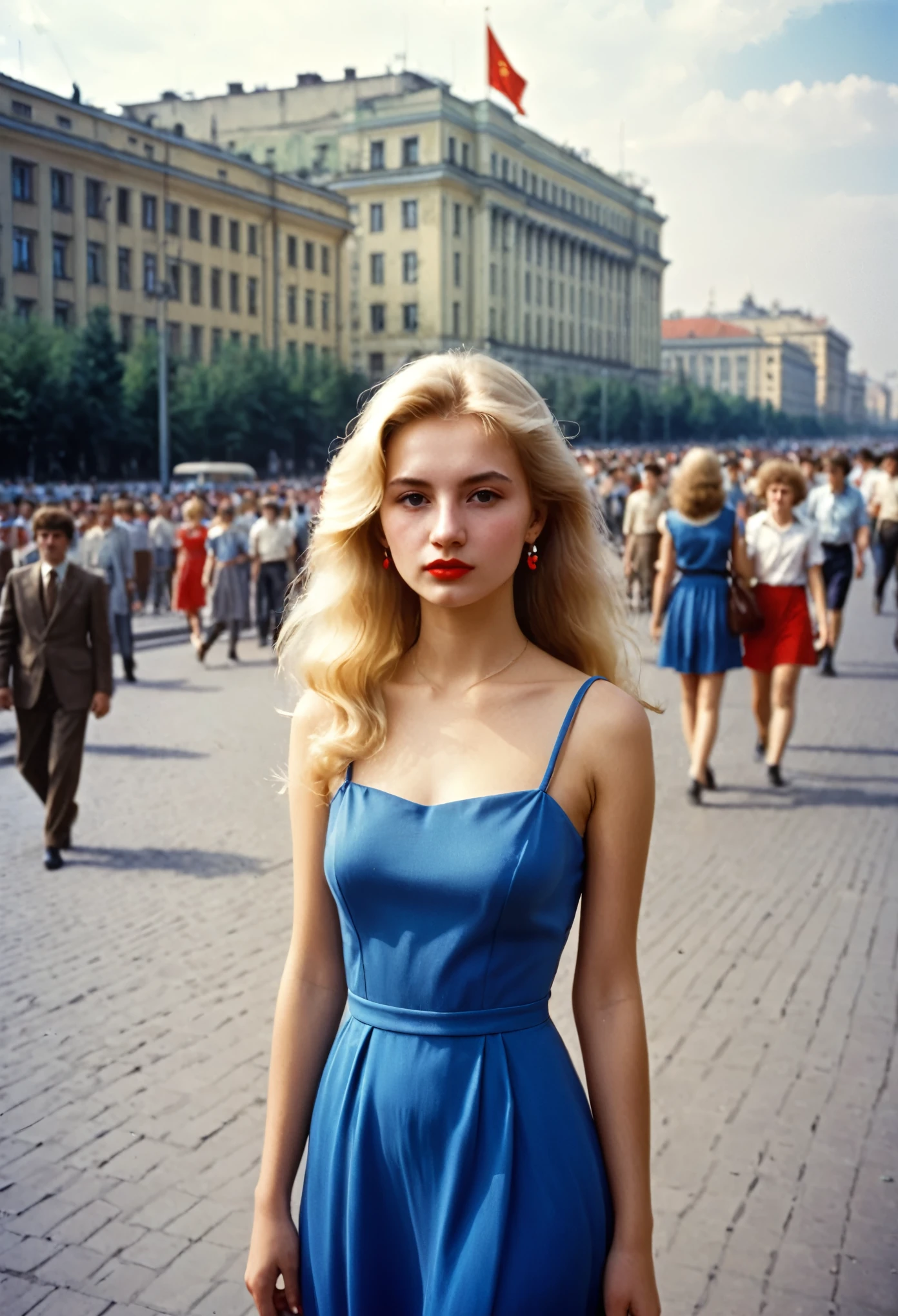 Photo of a beautiful girl 20 years old, university student in the USSR, 1980s, blonde. long, Closed, Blue dress. Photo taken in the city, From afar, to the streets, against the background of the crowd. There is a red hairpin in the girl&#39;s hair. The girl does not look into the frame. Full length girl. Brown bag in hand