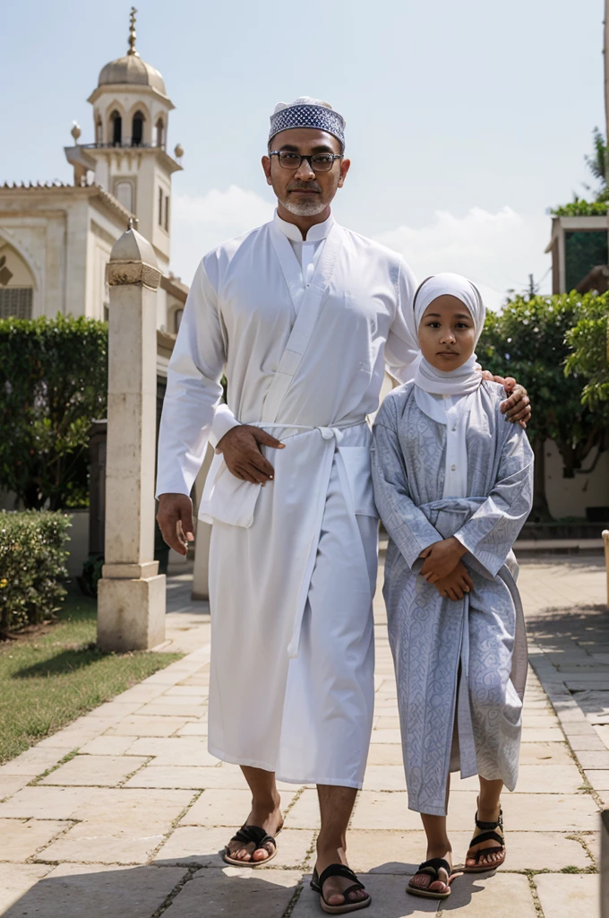 Real realistic 4D caricature photo, big head, full body, photo of a couple with Asian faces, adult male, 50 years old, thin body,clean face, clear glasses, 1wearing a black skullcap,, wearing a white Koko Muslim shirt, flannel patterned sarong, flip-flops,shoes, adult woman, 40 years old, wearing the hijab, wearing a white Muslim robe, standing in a pose facing the front while leading a goat , with the front yard of the mosque in the background.