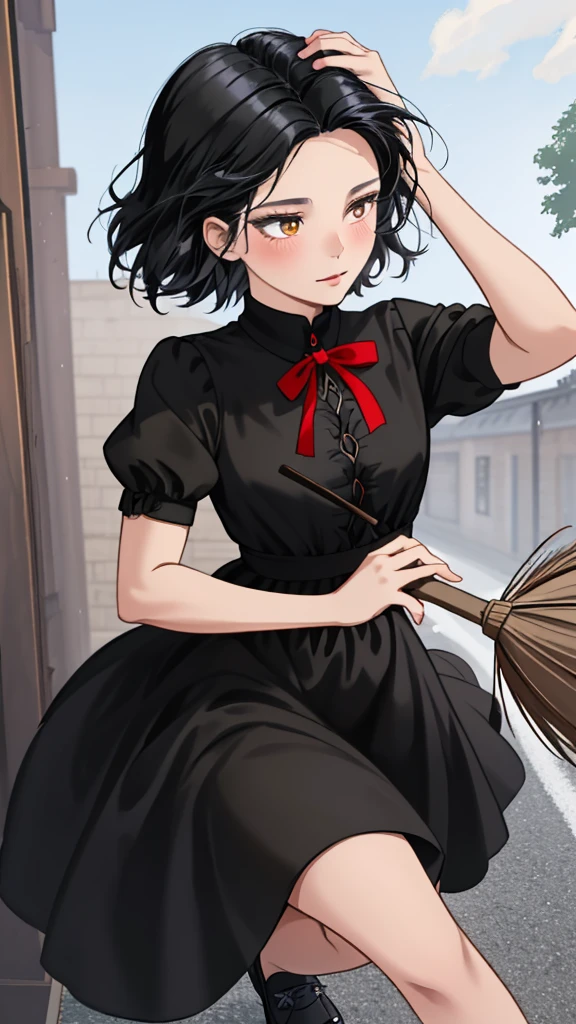 Ghibli-style animation. The Witch's Delivery Service. In the streets of Sweden. A girl. A black dress. Black hair. Short cut. A big red ribbon on her head. A broom in her hand. Cute face. Cute. High quality. 4K quality.