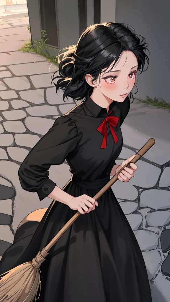 Ghibli-style animation. The Witch's Delivery Service. In the streets of Sweden. A girl. A black dress. Black hair. Short cut. A big red ribbon on her head. A broom in her hand. Cute face. Cute. High quality. 4K quality.