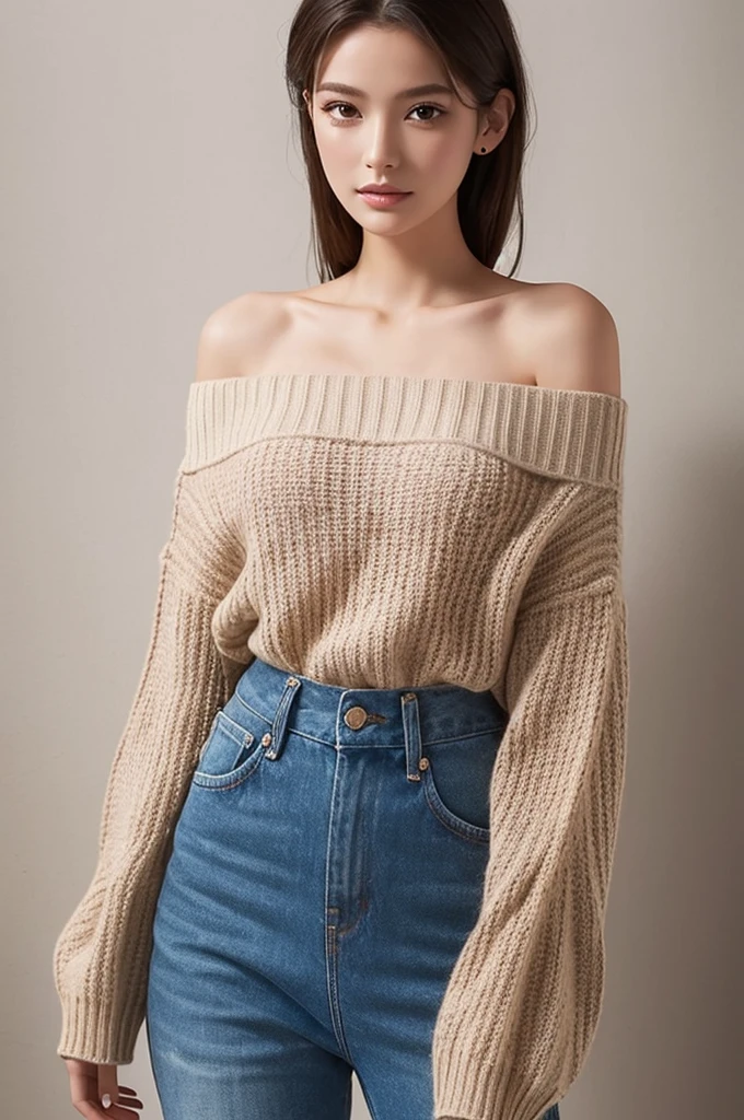 ((highest quality)), ((masterpiece)), (detailed), One girl, Off-the-shoulder sweater,