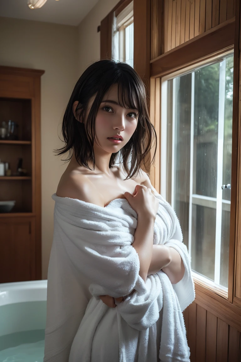 (highest quality:1.4),(masterpiece:1.4),(Realistic:1.4),(Realistic:1.2),(超High resolution, RAW Photos:1.4),(High resolution, Ultra-detailed:1.2),(8k:1.2),View your viewers,Cinematic photography,a photo of a dark-haired,One girl,alone,((After bath,Completely naked,Damp Hair,Wrap a bath towel around your body,View from the front)),skeletally correct,(Western-style building interior,Dimly lit room,The lamplight shines on my cheeks)
