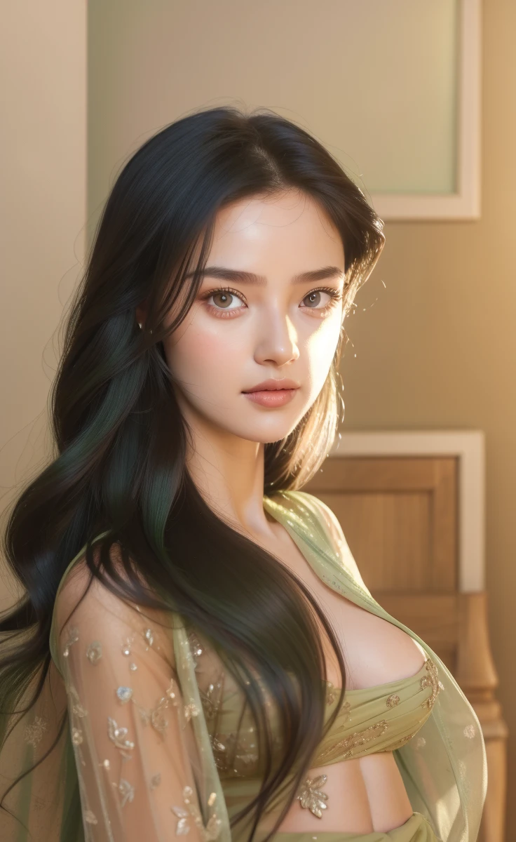 (green dress:1.2),1girl,hourglass body shape,waist up,beautiful detailed eyes,beautiful detailed lips,extremely detailed face,long eyelashes,detailed intricate dress,natural lighting,vibrant colors,soft focus,photorealistic,8k,extremely detailed,masterpiece