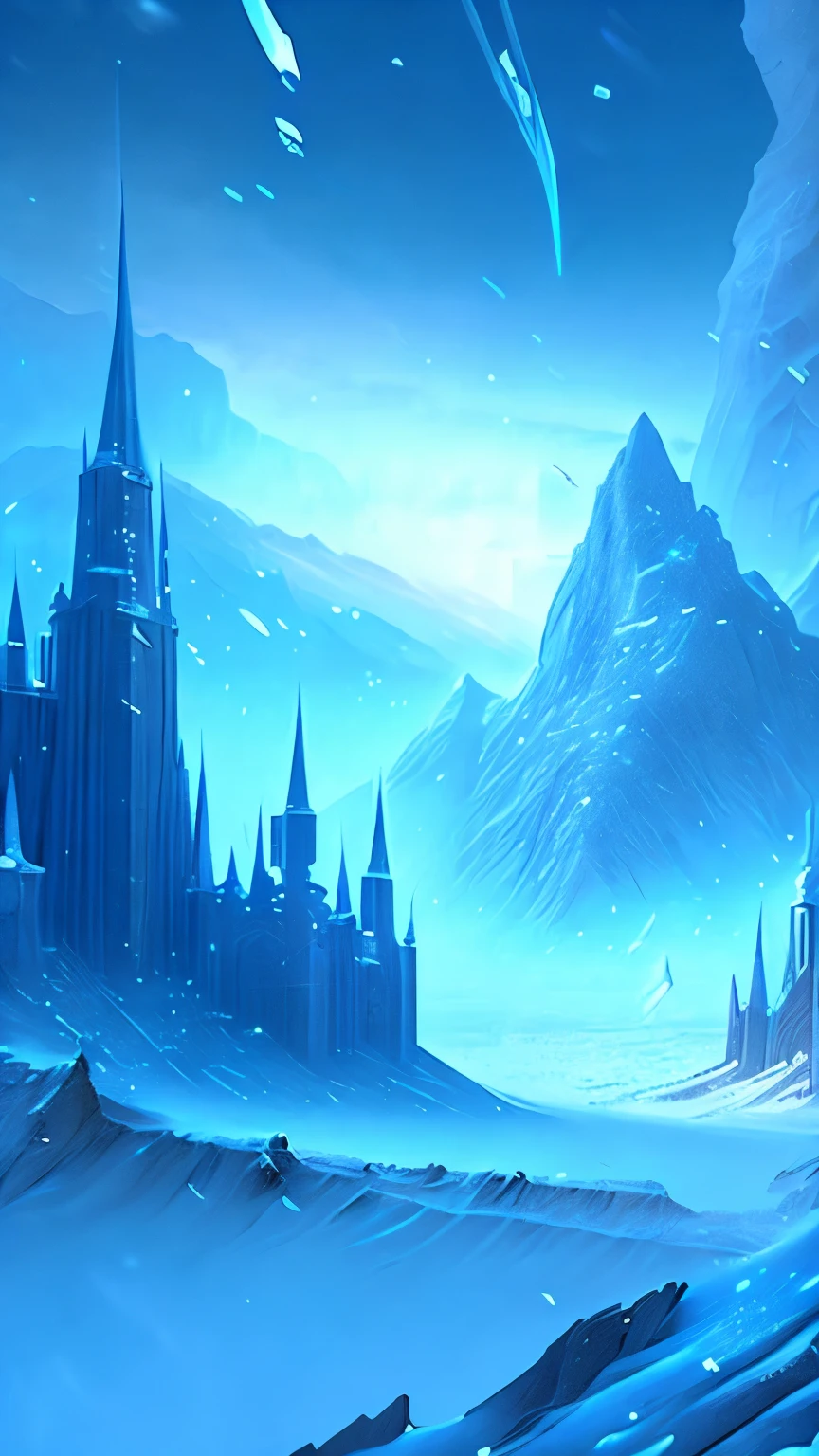 best quality, super fine, 16k, 2.5D, delicate and dynamic, ice arrows, ice swords, and ice spears rain down from the sky, gradually freezing the ground. Ice spirits, ice world, vast land, Northern Renaissance buildings, glittering ice dust effects, (magnificent views:1.4)