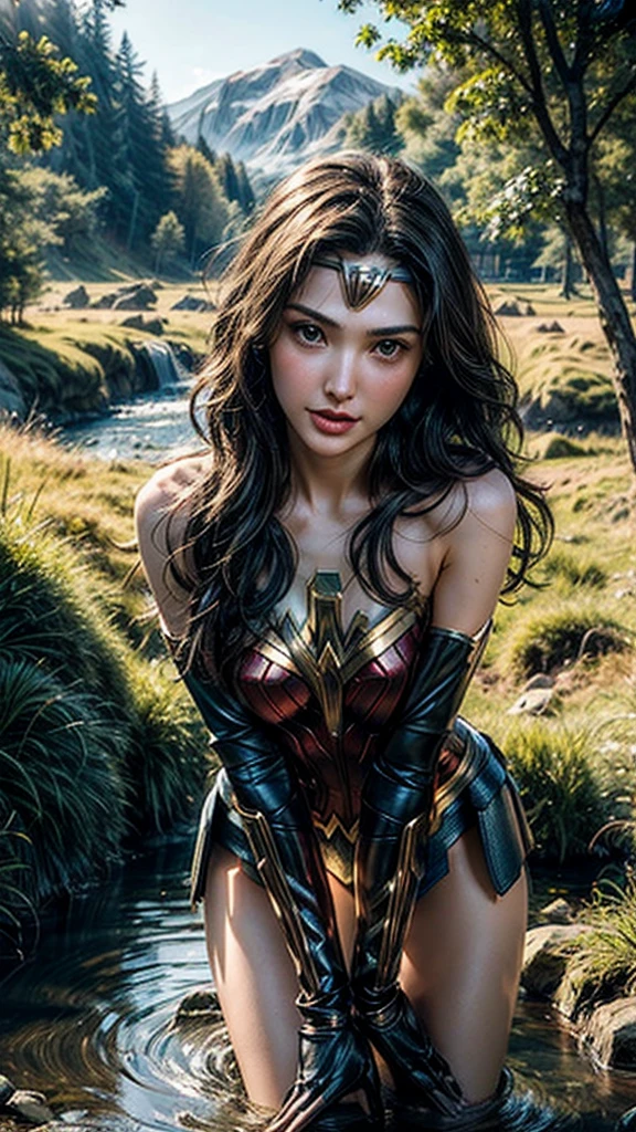 Gal Gadot, She breast size is M cup, full body, she very sexy, she have perfect body, she so beautifully,She have good eyes,She is full of charm, her poses are beautiful, close up,(((Woder Woman outfit))), Wonder Woman
from DC Comics,8k,correct face,beautiful face,A beautiful sight,sparkling eyes,((Half body photograph)), ((close up)) (portrait)) bust,In the middle of nature,The sun shines,green field,mountain,forest,stream
