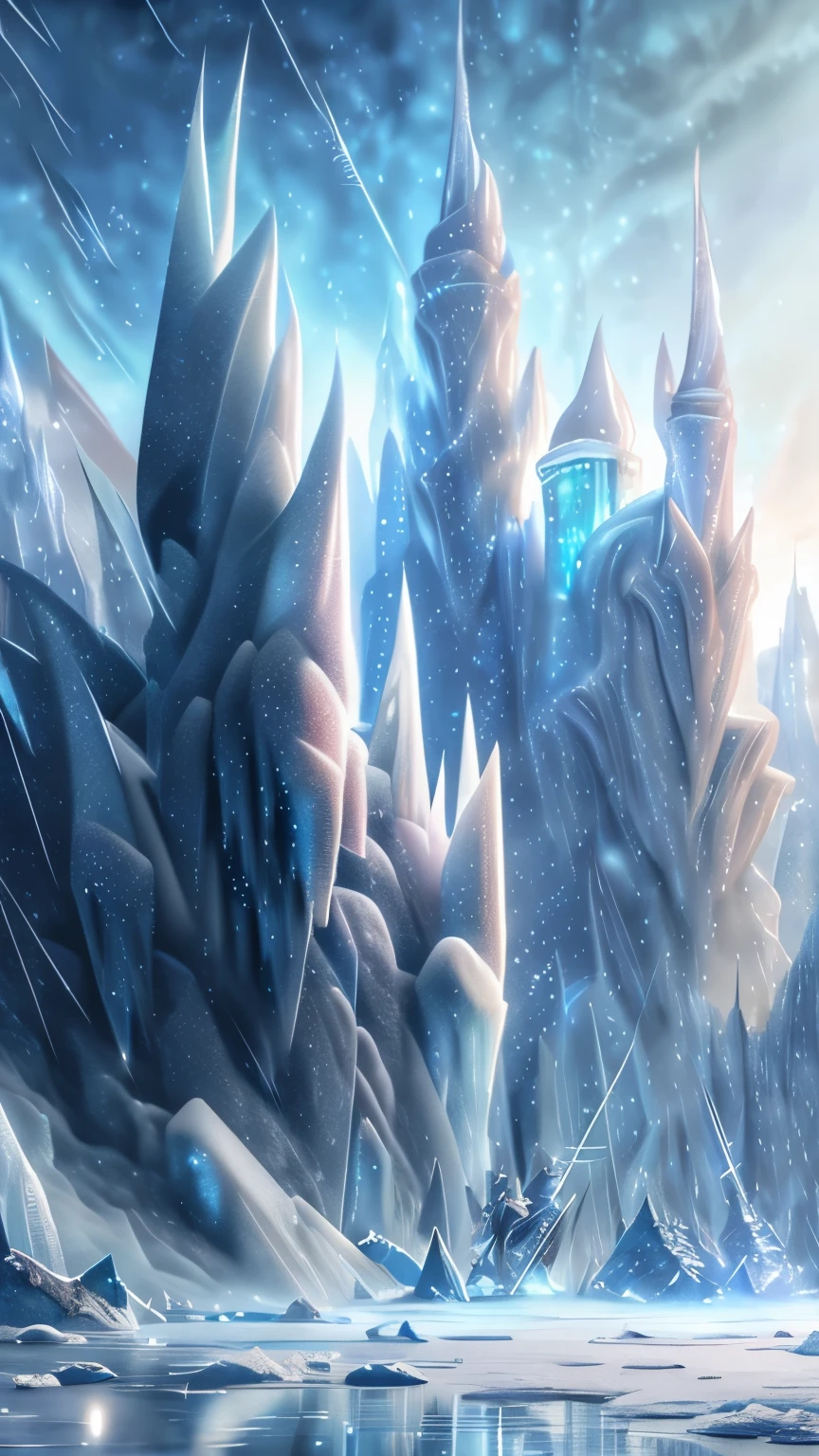best quality, super fine, 16k, 2.5D, delicate and dynamic, ice arrows, ice swords, and ice spears rain down from the sky, gradually freezing the ground. Ice spirits, ice world, vast land, Northern Renaissance buildings, glittering ice dust effects, (magnificent views:1.4)