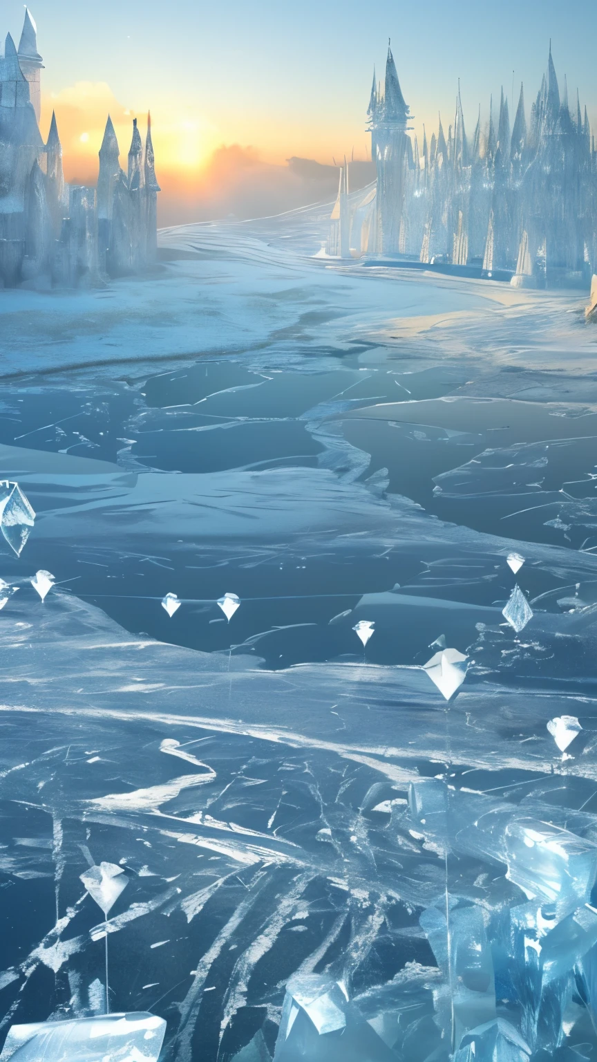 best quality, super fine, 16k, 2.5D, delicate and dynamic, ice arrows, ice swords, and ice spears rain down from the sky, gradually freezing the ground. Ice spirits, ice world, vast land, Northern Renaissance buildings, glittering ice dust effects, (magnificent views:1.4)