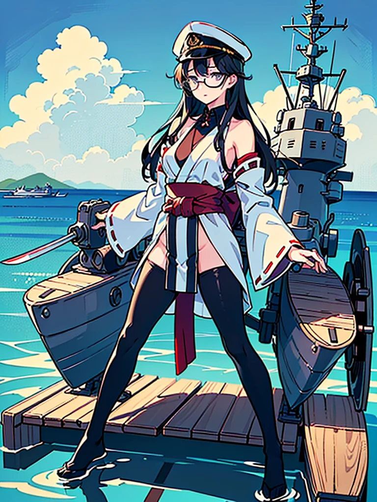 ((((Full body of a woman with perfect flat chest、Short, unkempt black hair、white military jacket、Miko costume、tights、Black glasses、White military cap、Cloudy eyes、Sleepy expression)))), (((masterpiece))), (((Shipgirl))), (Another woman hugging、Long purple hair、Messy Hair、Big Breasts、Miko costume), ((Floating on the morning sea with both feet)), (Spread your legs wide open), (Holding a Japanese sword in his right hand), (Mechanical arms extending from the waist are used to equip the ship with battleship equipment.), (Equipped with a turret on the back), (Holds the turret with his left arm), Torpedo tubes on thighs, Spreading the Machine's Wings, Machine tail, shotgun,