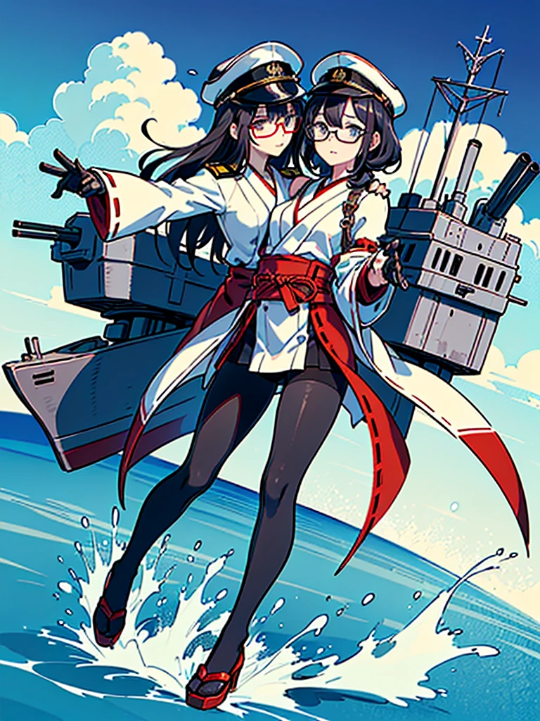 ((((Full body of a woman with perfect flat chest、Short, unkempt black hair、white military jacket、Miko costume、tights、Black glasses、White military cap、Cloudy eyes、Sleepy expression)))), (((masterpiece))), (((Shipgirl))), (Another woman hugging、Long purple hair、Messy Hair、Big Breasts、Miko costume), ((Floating on the morning sea with both feet)), (Spread your legs wide open), (Holding a Japanese sword in his right hand), (Mechanical arms extending from the waist are used to equip the ship with battleship equipment.), (Equipped with a turret on the back), (Holds the turret with his left arm), Torpedo tubes on thighs, Spreading the Machine's Wings, Machine tail, shotgun,