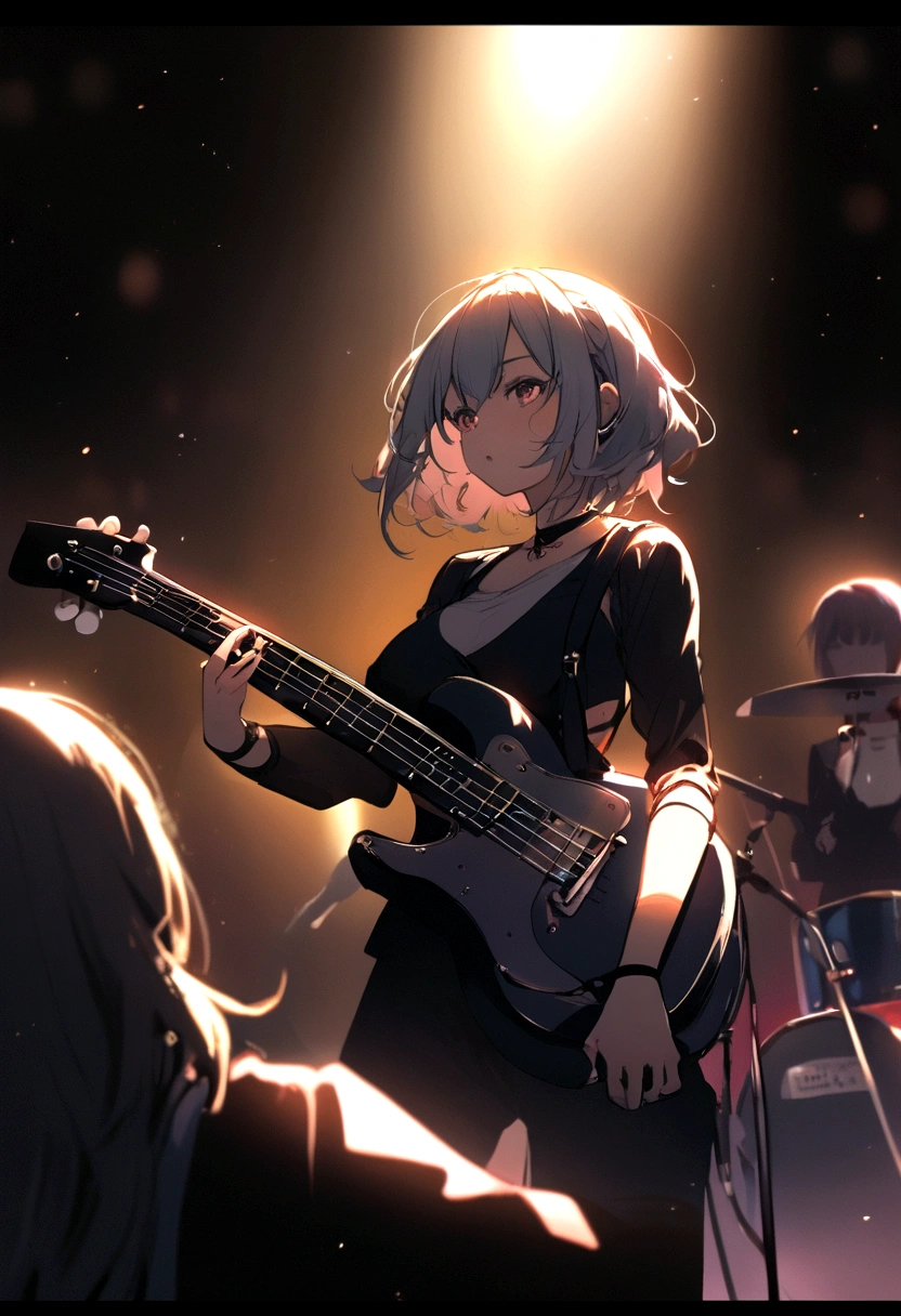 Female Band、Vocalist in the center、Guitarist on the right、Bassist on the left、Drummer in the background