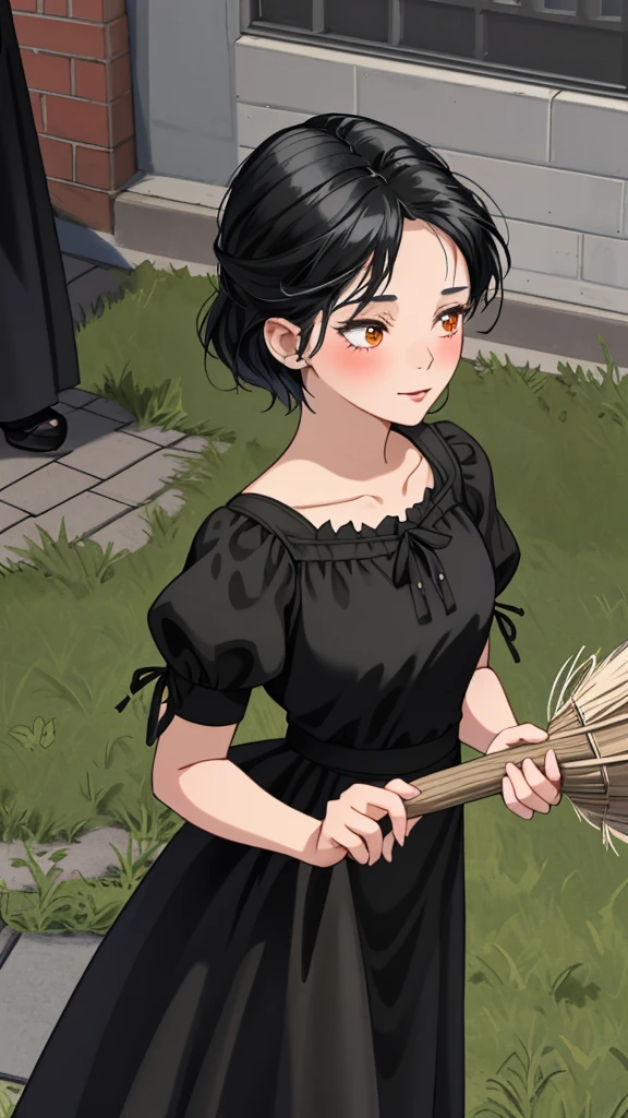 Ghibli-style animation. The Witch's Delivery Service. In the streets of Sweden. A girl. A black dress. Black hair. Short cut. A red ribbon on her head. A broom in her hand. Cute face. Cute. High quality. 4K quality.