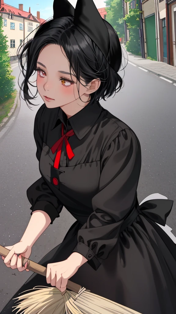 Ghibli-style animation. The Witch's Delivery Service. In the streets of Sweden. A girl. A black dress. Black hair. Short cut. A red ribbon on her head. A broom in her hand. Cute face. Cute. High quality. 4K quality.