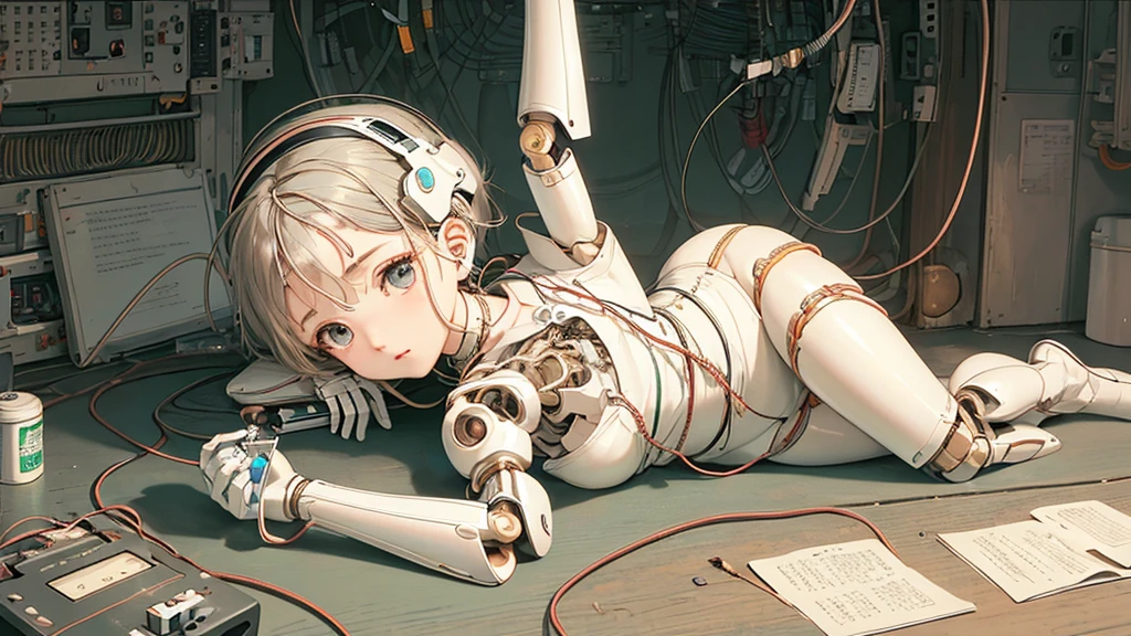 (((masterpiece))), (((highest quality))), ((Very detailed)), (Highly detailed CG illustrations), ((Very delicate and beautiful)),(Cute and delicate face),Light,((1. Machine Girl)),alone,whole body,(Machine made joints:1.4),((Mechanical Limbs)),(Muscles swell),(The vessel is connected to the tube),(Brain in a container:1.3),((Mechanical vertebrae attached to the back)),((Mechanical cervical spine attached to the neck)),((Sitting)),poker face,(Wires and cables attached to head and body:1.5),Small breasts,short hair,(Character Focus),sf,Lying down,Forehead out