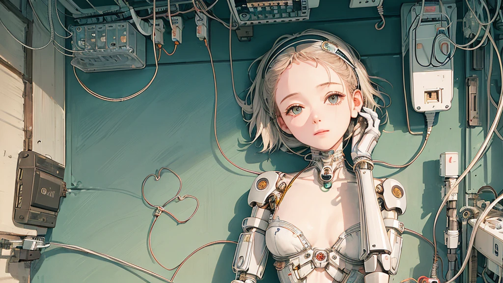 (((masterpiece))), (((highest quality))), ((Very detailed)), (Highly detailed CG illustrations), ((Very delicate and beautiful)),(Cute and delicate face),Light,((1. Machine Girl)),alone,whole body,(Machine made joints:1.4),((Mechanical Limbs)),(Muscles swell),(The vessel is connected to the tube),(Brain in a container:1.3),((Mechanical vertebrae attached to the back)),((Mechanical cervical spine attached to the neck)),((Sitting)),poker face,(Wires and cables attached to head and body:1.5),Small breasts,short hair,(Character Focus),sf,Lying down,Forehead out
