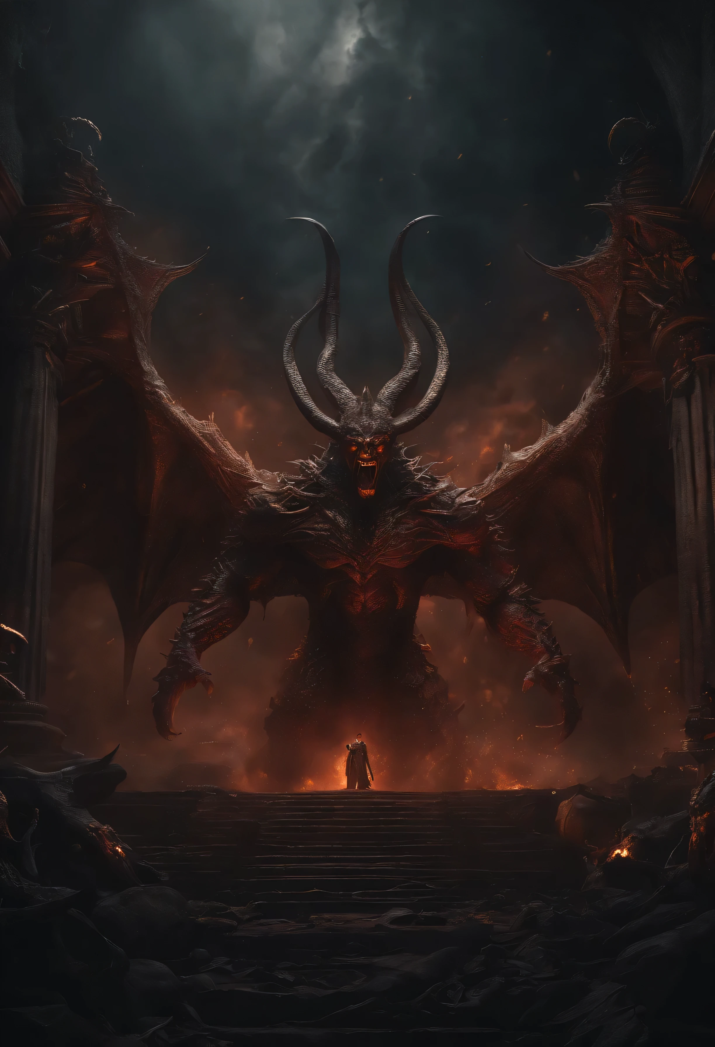 evil demon taking over the world, terror above a pile of corpses, fantasy, intricate, elegant, highly detailed , trending on artstation, sharp focus, dark lighting, intricate details, highly detailed, UHD, realistic, horor movie style, dynamic composition, 8k, Mysterious, Light particles, with light glowing, Mshiff, wallpaper art, masterpiece