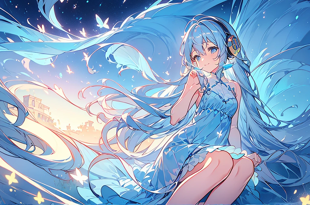 masterpiece, best quality, extremely detailed, (illustration, official art:1.1), 1 girl ,(((( light blue long hair)))), ,(((( light blue long hair)))),light blue hair, ,10 years old, long hair ((blush)) , cute face, big eyes, masterpiece, best quality,(((((a very delicate and beautiful girl))))),Amazing,beautiful detailed eyes,blunt bangs((((little delicate girl)))),tareme(true beautiful:1.2), sense of depth,dynamic angle,,,, affectionate smile, (true beautiful:1.2),(flat chest)), Tsundere　Female Main　Background is blurred　Draw only the upper body　Woman with blue hair　Style artwork of a lonely Gweiz wearing headphones、beautiful anime、 Alone　Gwythe、beautiful anime girl、beautiful anime girl、Anime girl with teal hair、anime style。8K、Bowater's Art Style、beautiful digital illustrations、beautiful character painting、Stunning Anime Face Portrait Mikudayo, official artwork, lofi girl, lofi artstyle,, halfbeak, anime atmosphere, Anime style mixed with Fujifilm, digital anime illustration, anime wallpaper 4k　Girl wearing headphones, starry sky　night view　girl looking at the starry sky　Crescent Moon
