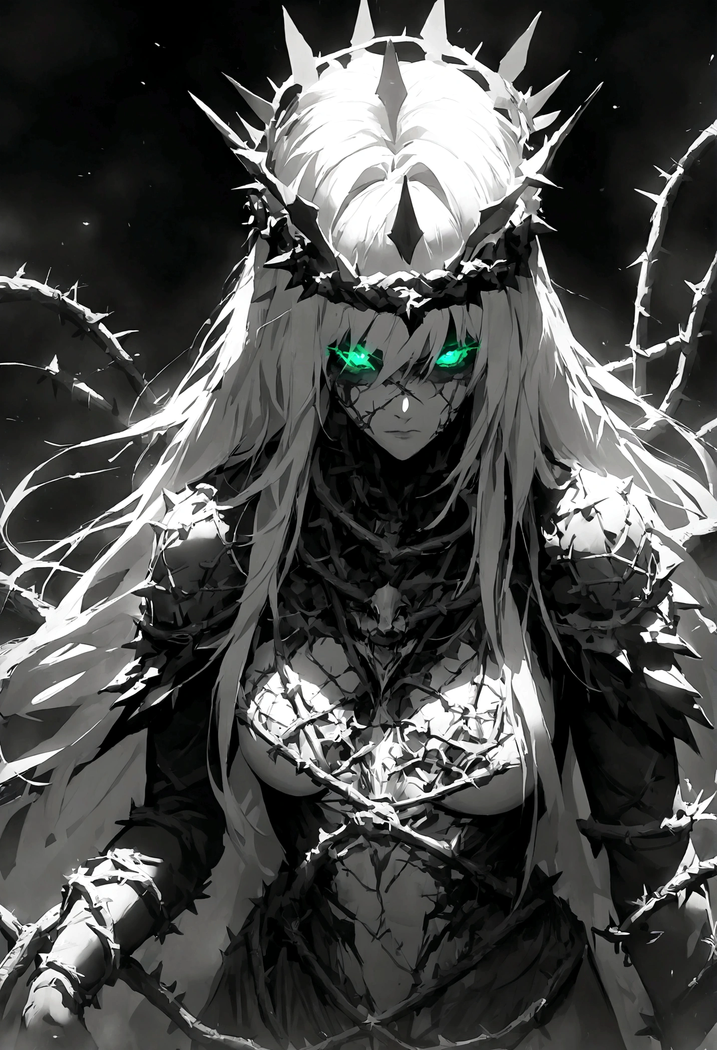 Barbed wire through the body,Long hair,Glowing eyes,Black and white,Crown of thorns,grace