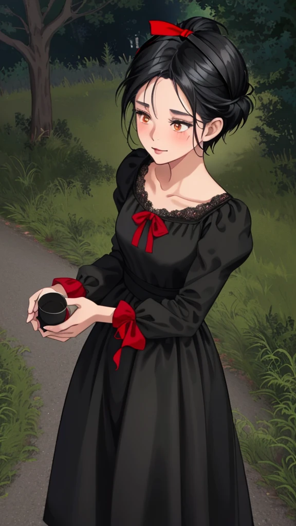 Ghibli-style animation. The Witch's Delivery Service. In the streets of Sweden. A girl. A black dress. Black hair. Short cut. A red ribbon on her head. Cute face. Cute. High quality. 4K quality.
