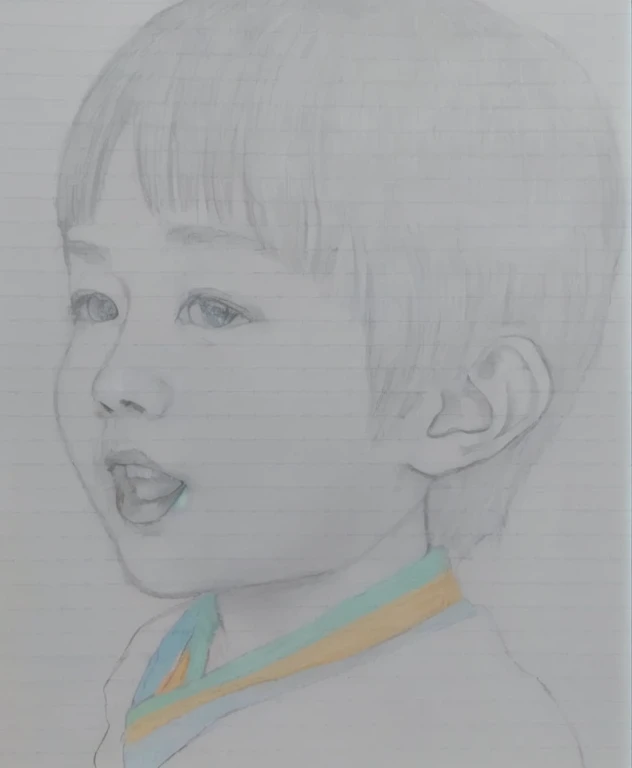 A picture of a boy with a medal around his neck, Colored pencil sketch, 3 / 4 ViewsPortrait, Children&#39;s drawings, Inspired by Huang Gongwang, Colored pencil sketch, by Yasutomo Oka, Inspired by Yonghao Han, Children&#39;s drawingsに基づいて, inspired by Matsumura Goshun, Detailed face of asian boy, Crayon on paper
