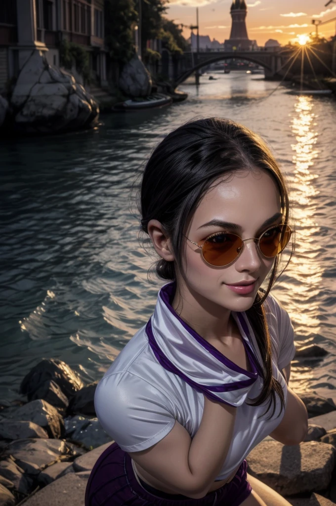 masterpiece, best quality, extremely detailed, hyperrealistic:1.1, photorealistic, a beautiful 20s russian model, ultra detailed face:1.1, sunglasses on head:1.1, light purple mock neck t-shirt, purple shorts, black hair, x-arms:1.3, eye closed:1.3, city, river, in the sunset, warm smile, dynamic angle
