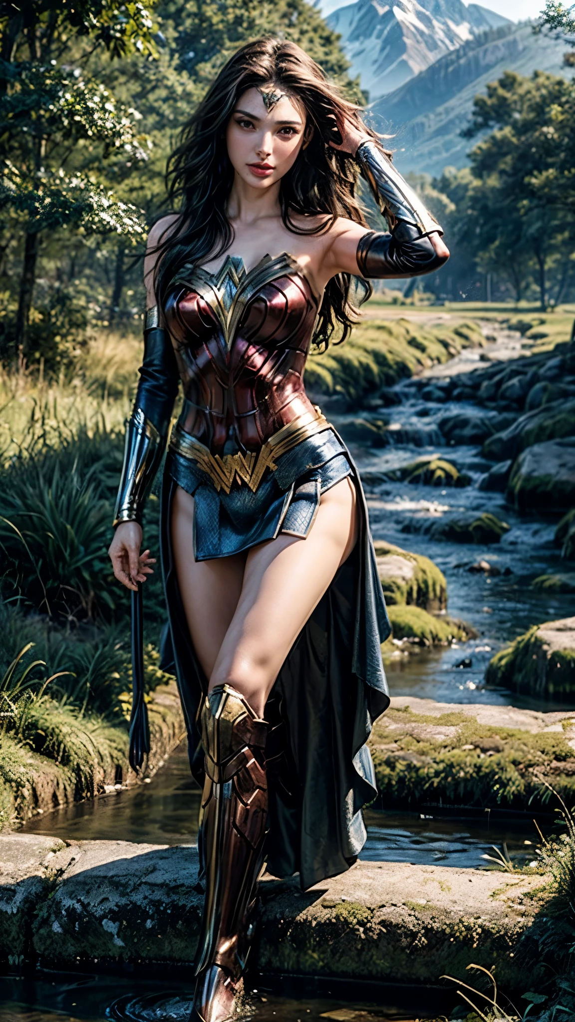 Gal Gadot, She breast size is M cup, full body, she very sexy, she have perfect body, she so beautifully,She have good eyes,She is full of charm, her poses are beautiful, close up,(((Woder Woman outfit))), Wonder Woman
from DC Comics,8k,correct face,beautiful face,A beautiful sight,sparkling eyes,((Half body photograph)), ((close up)) (portrait)) bust,In the middle of nature,The sun shines,green field,mountain,forest,stream