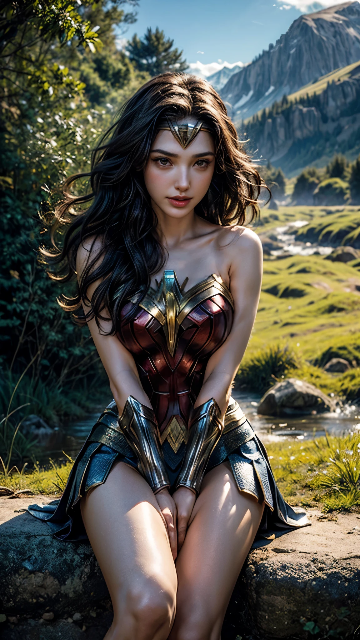 Gal Gadot, She breast size is M cup, full body, she very sexy, she have perfect body, she so beautifully,She have good eyes,She is full of charm, her poses are beautiful, close up,(((Woder Woman outfit))), Wonder Woman
from DC Comics,8k,correct face,beautiful face,A beautiful sight,sparkling eyes,((Half body photograph)), ((close up)) (portrait)) bust,In the middle of nature,The sun shines,green field,mountain,forest,stream