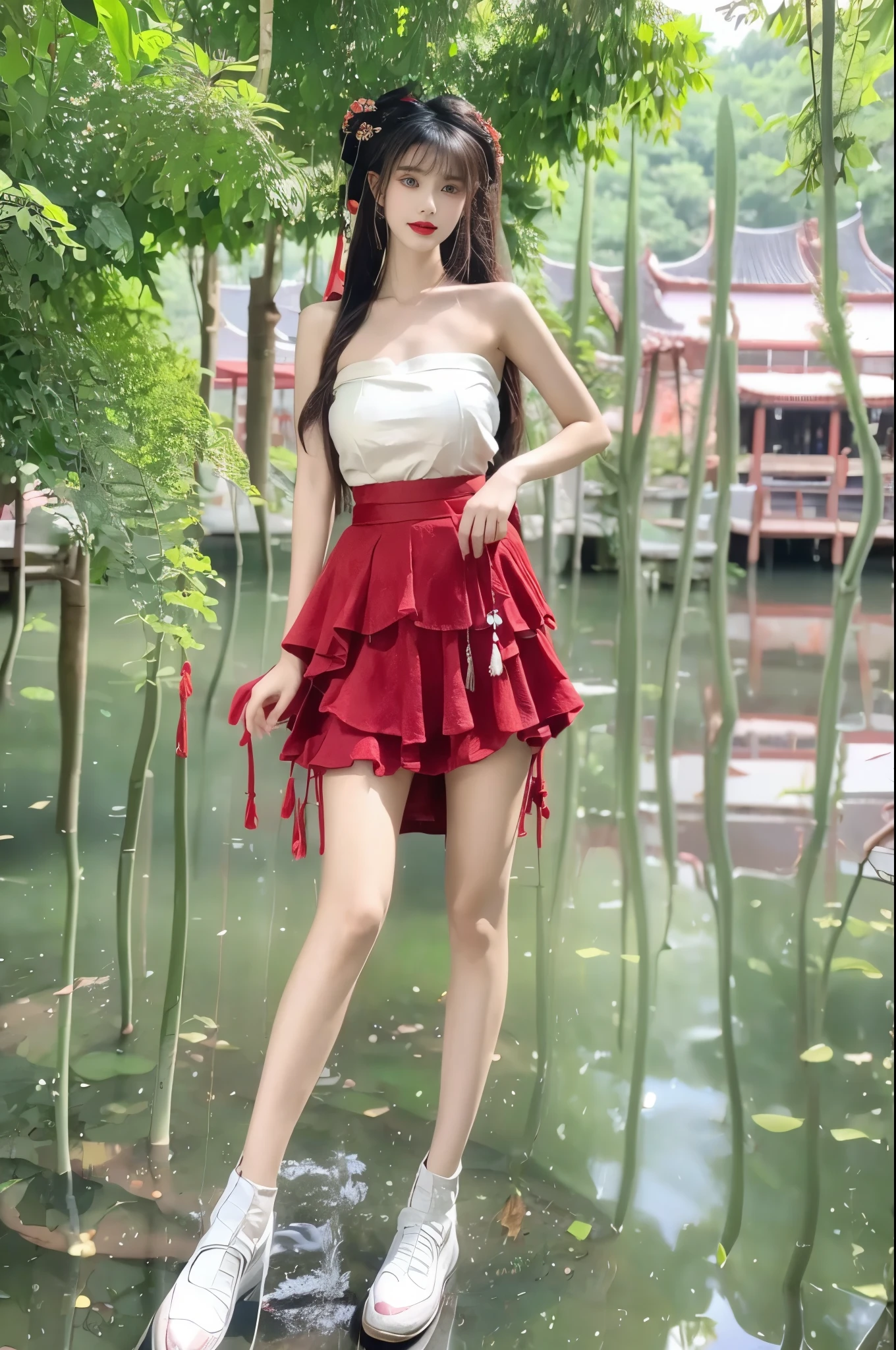 hanfu-song, hanfu, song theme, bandeau, tube top, beautiful女人,Have a perfect body:1.4,Layered Hairstyle,Big breasts, Visible cleavage,Bare shoulders, Highly detailed face and skin texture,Double eyelids,Skin Whitening,Long hair,Whitening long legs,Standing by the sea, Fashion girl, Red lips, Sweet maiden, beautiful妆容, detail, lifelike, Very detailed, amazing, beautiful, Young and energetic, high quality,High Definition, rich and colorful,Exquisite, Smooth skin, The skirt is short, Lift the skirt with your hands, Elegant and charming posture, Official Art, Extremely detailed, Movie atmosphere, Soft colors, Natural skin texture,