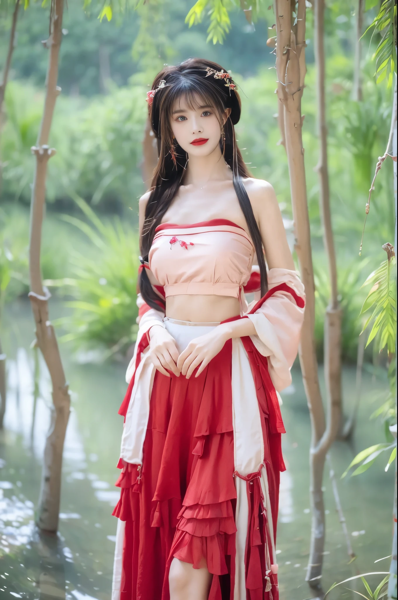 hanfu-song, hanfu, song theme, bandeau, tube top, beautiful女人，Have a perfect body：1.4，Layered Hairstyle，Big breasts, Visible cleavage，Bare shoulders, Highly detailed face and skin texture，Double eyelids，Skin Whitening，Long hair，Whitening long legs，Standing by the sea, Fashion girl, Red lips, Sweet maiden, beautiful妆容, detail, lifelike, Very detailed, amazing, beautiful, Young and energetic, high quality，High Definition, rich and colorful，Exquisite, Smooth skin, The skirt is short, Lift the skirt with your hands, Elegant and charming posture, Official Art, Extremely detailed, Movie atmosphere, Soft colors, Natural skin texture, 