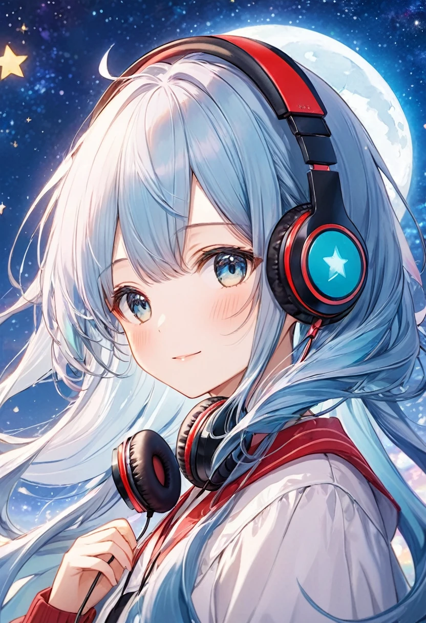 masterpiece, best quality, extremely detailed, (illustration, official art:1.1), 1 girl ,(((( light blue long hair)))), ,(((( light blue long hair)))),light blue hair, ,, long hair ((blush)) , cute face, big eyes, masterpiece, best quality,(((((a very delicate and beautiful girl))))),Amazing,beautiful detailed eyes,blunt bangs((((little delicate girl)))),tareme(true beautiful:1.2), sense of depth,dynamic angle,,,, affectionate smile, (true beautiful:1.2),(flat chest)), Tsundere　Female Main　Background is blurred　Draw only the upper body　Woman with blue hair　Style artwork of a lonely Gweiz wearing headphones、beautiful anime、 Alone　Gwythe、beautiful anime girl、beautiful anime girl、Anime girl with teal hair、anime style。8K、Bowater's Art Style、beautiful digital illustrations、beautiful character painting、Stunning Anime Face Portrait Mikudayo, official artwork, lofi girl, lofi artstyle,, halfbeak, anime atmosphere, Anime style mixed with Fujifilm, digital anime illustration, anime wallpaper 4k　Girl wearing headphones, starry sky　night view　girl looking at the starry sky　Crescent Moon
