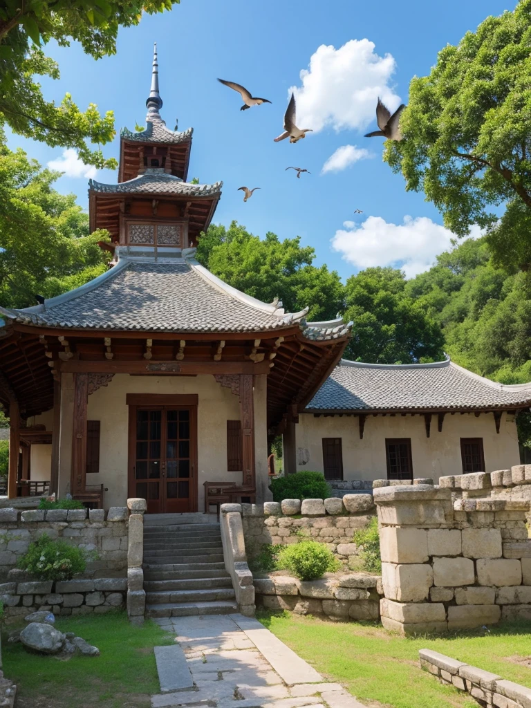 Ancient castle、summer、Many birds are flying、petal
